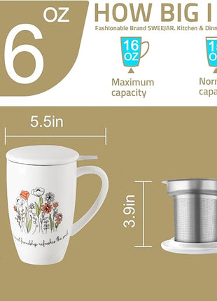 Sweejar Porcelain Tea Infuser Mug with Lid, 16 oz Teacup with Strainers for Loose Leaf Tea, Microwave and Dishwasher Safe Coffee Mug(Wild Meadow)