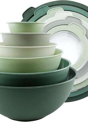 COOK WITH COLOR Mixing Bowls with Non Slip Bottom - 12 Piece Plastic Nesting Bowls Set includes 6 Prep Bowls and 6 Tritan Lids - Microwave Safe (Sage)