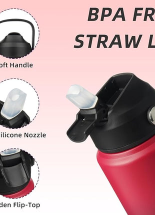 BJPKPK Water Bottle with Straw Lid, 24oz Vacuum Insulated Water Bottles, Metal Stainless Steel Thermo for Sports, Travel, BPA Free Leak Proof Thermo, Cups, Flasks, Tumblers,Charming Red