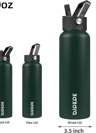 BJPKPK Insulated Water Bottles with Straw Lid, 40oz Stainless Steel Water Bottles with 3 Lids, BPA Free Leakproof Thermo, Tumblers, Cups for Sports, Gym- Army Green