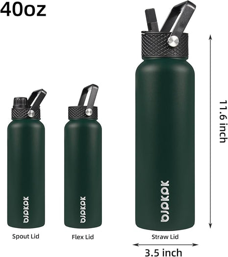BJPKPK Insulated Water Bottles with Straw Lid, 40oz Stainless Steel Water Bottles with 3 Lids, BPA Free Leakproof Thermo, Tumblers, Cups for Sports, Gym- Army Green