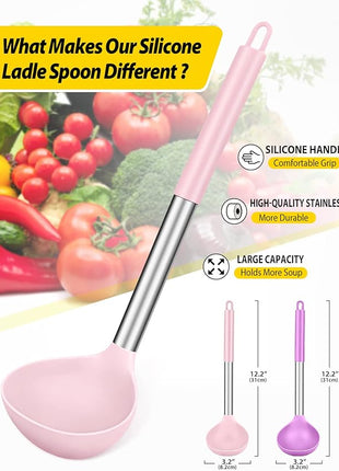 Pack of 2 Ladle Spoon,Silicone Large Spoon for Soup,Non Stick Kitchen Utensils with High Heat Resistant,BPA Free Perfect Kitchen Tools for Cooking, Stirring,Serving Soups (PINK-PURPLE)