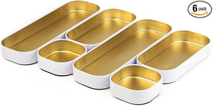 Three by Three Seattle 6 Piece Shallow Metal Organizer Tray Set for Storing Makeup, Stationery, Utensils, and More in Office Desk, Kitchen and Bathroom Drawers (1 Inch, Gold and White)