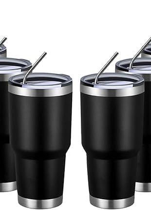 MEWAY 30oz Insulated Tumbler With Lids and Straws,Stainless Steel Double Vacuum Coffee Tumbler Cup, Brush, Durable Powder Coated Coffee Cup for Cold & Hot Drinks(Black,8 PACK)