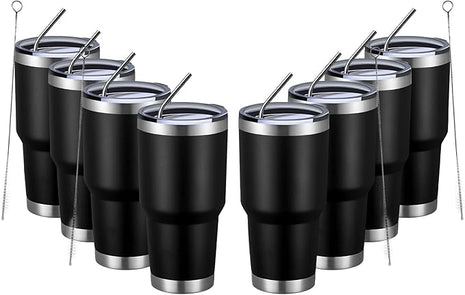 MEWAY 30oz Insulated Tumbler With Lids and Straws,Stainless Steel Double Vacuum Coffee Tumbler Cup, Brush, Durable Powder Coated Coffee Cup for Cold & Hot Drinks(Black,8 PACK)