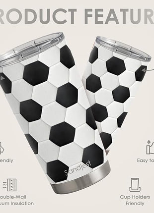 SANDJEST Soccer Tumbler 20oz Stainless Steel Insulated, Travel Coffee Cup, Sport Tumblers Gifts for Soccer Lovers, Men Women, Coach, Birthday, Christmas