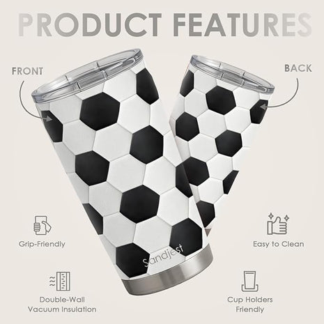 SANDJEST Soccer Tumbler 20oz Stainless Steel Insulated, Travel Coffee Cup, Sport Tumblers Gifts for Soccer Lovers, Men Women, Coach, Birthday, Christmas