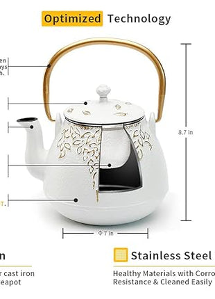 Tea Kettle, TOPTIER Japanese Cast Iron Teapot with Infuser for Loose Leaf and Tea Bags, Stovetop Safe Cast Iron Tea Kettle Coated with Enameled Interior for 40 oz (1200 ml), White