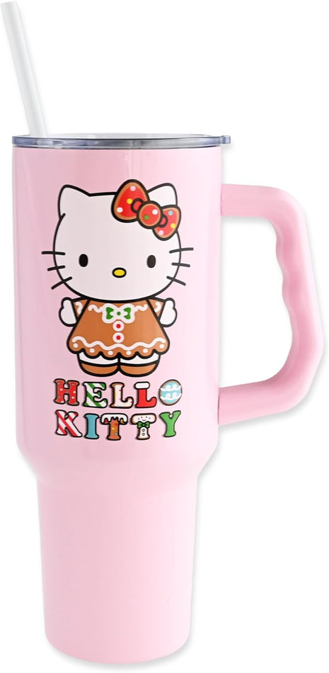 Silver Buffalo Sanrio Hello Kitty Holiday Gingerbread Dress Stainless Steel Tumbler with Handle, Fits in Standard Cup Holder, 40 Ounces