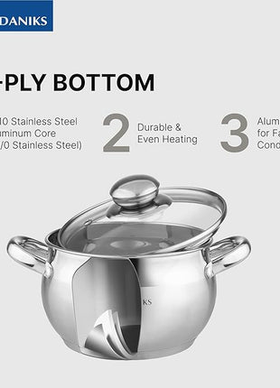 Daniks Classic 11-Piece Stainless Steel Cookware Set with Saucepan and Frying Pan, Glass Lids, Induction Compatible, Dishwasher Safe, Silver