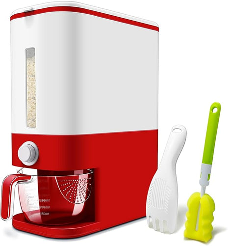 22-25 Lbs Rice Dispenser, Large Cereal Dry Food Storage Containers with Measuring Cup, BPA-Free Household for Kitchen Pantry Organization-Red