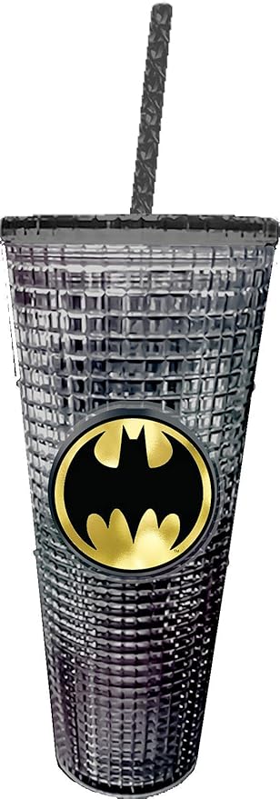 Spoontiques DC Comics Diamond Tumbler, 20oz - Textured Cup w/Staw, Double Wall Insulated, BPA Free - Batman