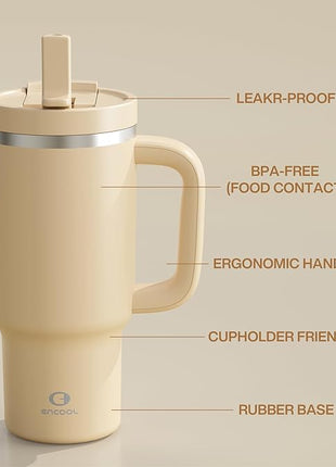32 oz Tumbler with Handle and Straw: Stainless Steel Insulated Tumbler Keeps Cold for 24 Hours, Leakproof Travel Cup Fits in Cup Holder and BPA-Free, Indian Khaki