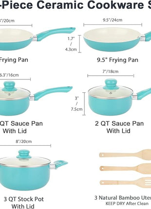Pots and Pans Set Nonstick, 11pcs Kitchen Cookware Sets Induction Cookware, Ceramic Non Stick Cooking Set, Stay Cool Handle & Bamboo Kitchen Utensils, 100% PFOA Free, Turquoise