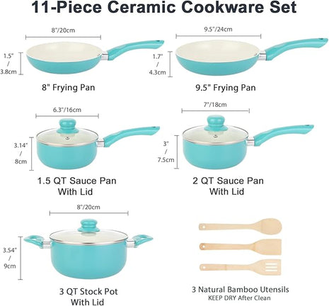 Pots and Pans Set Nonstick, 11pcs Kitchen Cookware Sets Induction Cookware, Ceramic Non Stick Cooking Set, Stay Cool Handle & Bamboo Kitchen Utensils, 100% PFOA Free, Turquoise