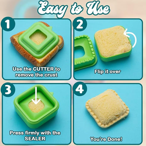Sandwich Cutter and Sealer - Crustless Sandwich Maker - Cut and Seal - Great for Lunchbox and Bento Box - Boys and Girls Kids Lunch - Sandwich Cutters for Kid (Square)
