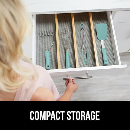 GORILLA GRIP Stainless Steel Heat Resistant Kitchen Tongs for Cooking, Set of 2 BBQ Tong, Non Scratch Silicone Tip for Pans, Strong Grip, Grab Food, Toss Salad, Air Fryer, Pull Lock, 7 + 9 Inch, Mint