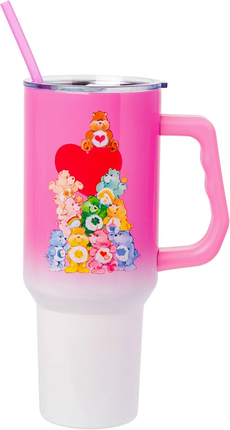 Silver Buffalo Care Bears Watercolor Heart Ombre Stainless Steel Tumbler with Handle and Straw, Fits in Standard Cup Holder, 40 Ounces
