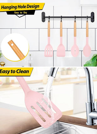 Pack of 4 Silicone Cooking Utensils Set, Non Stick Solid Spatulas and Heat Resistant Slotted Spoons with Wooden Handle, Ideal Wood Kitchen Utensils Set for Frying,Serving,Turning,Stirring (PINK)