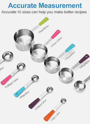 Measuring Cups and Spoons Set Stainless Steel 10 Piece for Cooking and Baking (5 Cups + 5 Spoons, Colorful Handles)