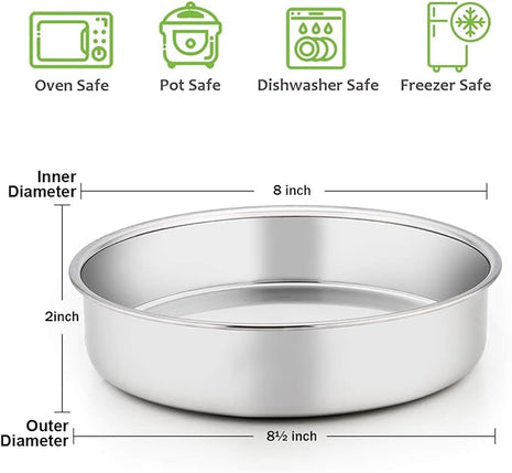 E-far 8 Inch Cake Pan Set of 2, Stainless Steel Round Layer Cake Baking Pans, Non-Toxic & Healthy, Mirror Finish & Dishwasher Safe