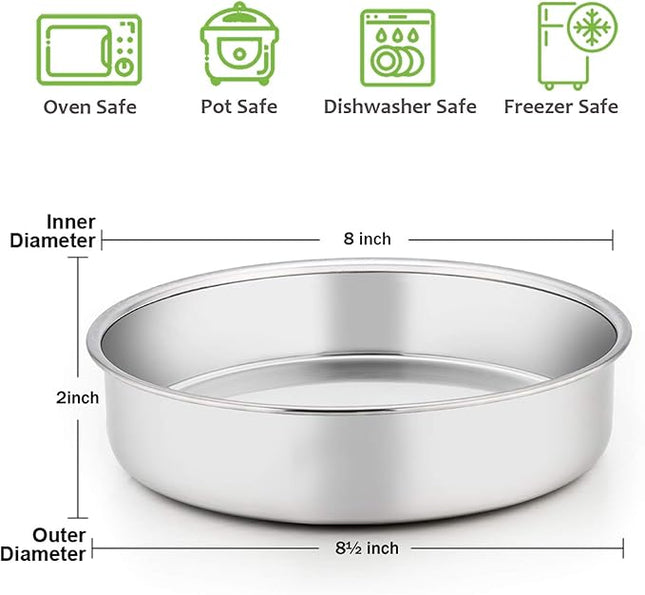 E-far 8 Inch Cake Pan Set of 3, Stainless Steel Round Layer Cake Baking Pans, Non-Toxic & Healthy, Mirror Finish & Dishwasher Safe