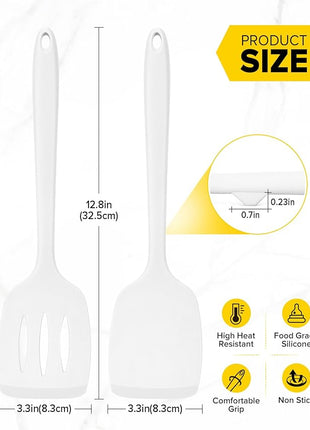 Pack of 2 Silicone Spatula Turners, Non Stick Slotted Kitchen Spatula Set, Heat Resistant BPA Free Kitchen Utensils, One-Piece Design, Suitable for Flipping Fish, Eggs, Steak, Pancakes (WHITE)
