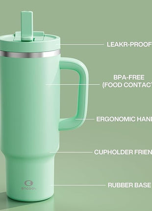 40 oz Tumbler with Handle and Straw: Stainless Steel Insulated Tumbler Keeps Cold for 24 Hours, Leakproof Travel Cup Fits in Cup Holder and BPA-Free,Brook Green