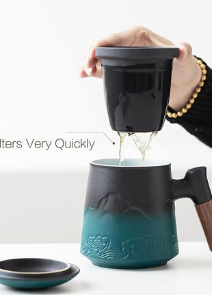 ZENS Tea Cup With Infuser and Lid for Loose Leaf Steeper, 15.2 oz Embossed Ceramic Mug With Fine Strainers, Wood Handle Large Diffusers, Accessories for Tea Lovers Gifts