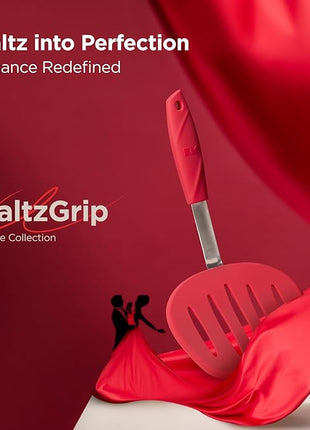 Kitchen Mama WaltzGrip Platinum Silicone Pancake Spatula Turner: Heat Resistant Flexible, Stainless Steel Core, Nonstick, Dishwasher Safe, Flipper – Ideal Kitchen Cookware for Eggs, Fish, Meat (Red)