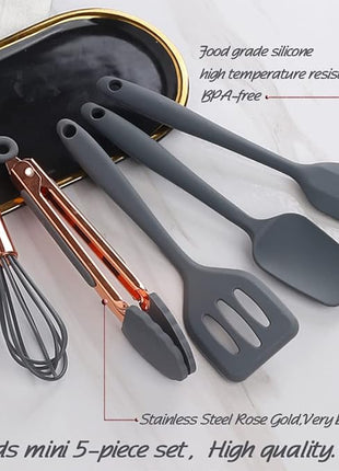 Rose Gold And Grey Mini Kitchen Utensil Small Five-Piece Set Tiny Silicone Kids Kitchen Tools Whisk Spatula Tongs Spoon And Slotted Spatula For Cooking(Kids Baking Supplies) Grey