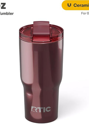 RTIC 20oz Essential Tumbler with Lid, Ceramic Lined, Insulated, Stainless Steel, Metal, Double Wall Vacuum-Insulation, Travel Cup for Iced Coffee, Tea, Hot and Cold Drink, Vintage Rose Metallic