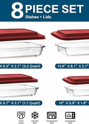 8-Piece Deep Glass Baking Dish Set with Plastic lids,Rectangular Glass Bakeware Set with Lids, Baking Pans for Lasagna, Leftovers, Cooking, Kitchen, Freezer-to-Oven and Dishwasher, Red
