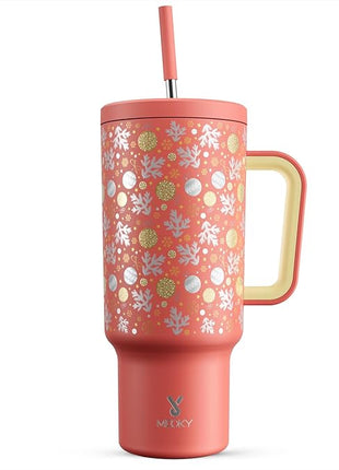 Meoky 40 oz Christmas Tumbler with Handle and Straw, Xmas Tumbler with Lid and Straw, Insulated Stainless Steel Travel Mug, Christmas Gifts for Women Men Adults (Merry Bells)