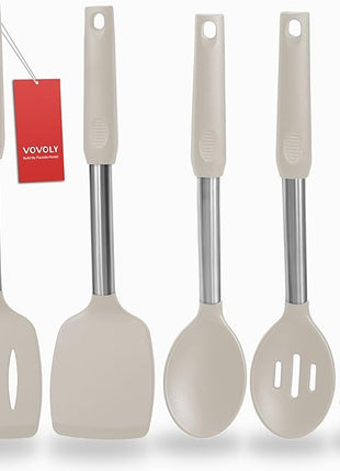 Silicone Spatula and Cooking Spoon,5 Pack Non-Stick Cooking Utensils for Kitchen，Heat Resistant Solid & Slotted Spoons and Spatulas, Stainless Steel Handle Coated with Silicone, Khaki