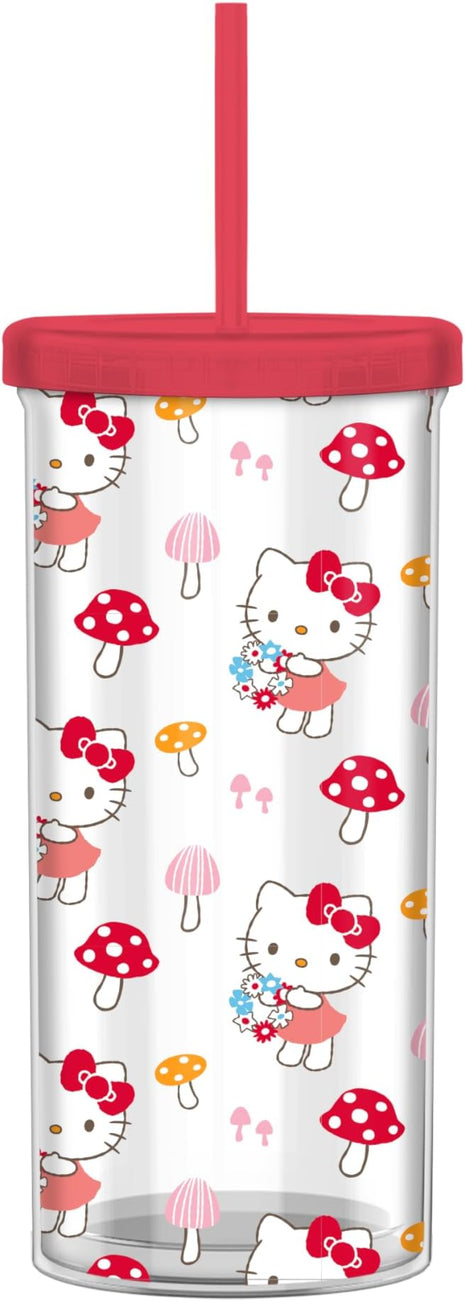 Silver Buffalo Sanrio Hello Kitty Mushroom Plastic Tall Cold Cup with Lid and Straw, 20 Ounces
