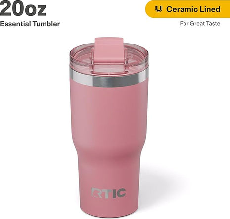 RTIC 20oz Essential Tumbler with Lid, Ceramic Lined, Insulated, Stainless Steel, Metal, Double Wall Vacuum-Insulation, Travel Cup for Iced Coffee, Tea, Hot and Cold Drink, Dusty Rose