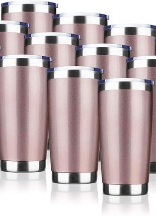 20oz Tumbler Bulk Stainless Steel Vacuum Insulated Tumblers with Lid Double Wall Travel Mug Powder Coated Coffee Cup, Suitable for Ice Drinks and Hot Beverage (Rose gold 12pack)