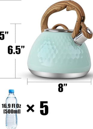 Tea Kettle, Toptier Teapot Whistling Kettle with Wood Pattern Handle Loud Whistle, Food Grade Stainless Steel Tea Pot for Stovetops Induction Diamond Design Water Kettle, 2.7-Quart Light Green