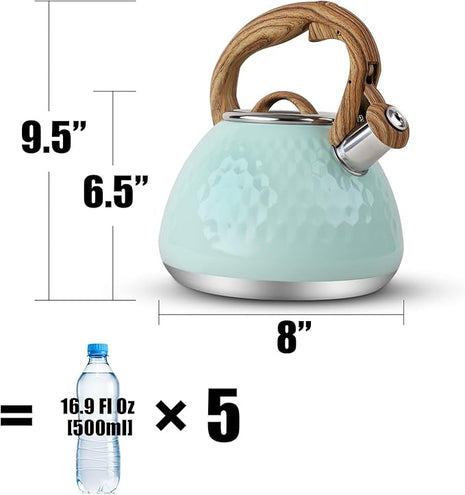 Tea Kettle, Toptier Teapot Whistling Kettle with Wood Pattern Handle Loud Whistle, Food Grade Stainless Steel Tea Pot for Stovetops Induction Diamond Design Water Kettle, 2.7-Quart Light Green