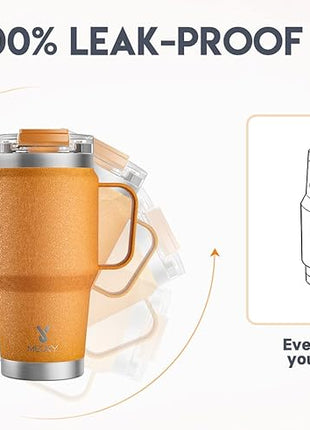 Meoky 24oz Travel Mug, Triple Insulated Stainless Steel Tumbler with Handle and 2-in-1 Straw and Sip Lid, 100% Leak Proof, Keeps Cold for 24 Hours or Hot for 8 Hours, Cupholder Friendly (Maple)