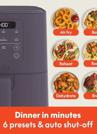 bella 4Qt Slim Air Fryer, Fits-anywhere™ Kitchenware, EverGood™ Ceramic Nonstick Coating, Adjustable Temperature, 6 Preset Cooking Options, 60 Min Auto Shutoff w Audible Tone, 3.3lb Capacity, Plum