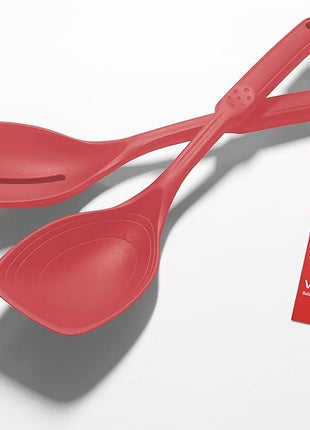 2 Pack Large Silicone Cooking Spoon, Non-Stick Slotted and Solid Spoon set with Deep Bolw and Measurement Mark for Mixing, Serving, Draining, Scooping, Scraping, Heat Resistant Kitchen Utensils, Red