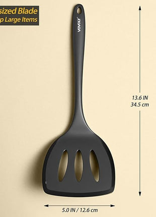 Silicone Pancake Spatula Turner with Lengthened Handle& Seamless Design, Heat Resistant Slotted Flipper for Nonstick Cookware, Large Flexible Kitchen Utensils for Egg, Pancake, Burger, Black