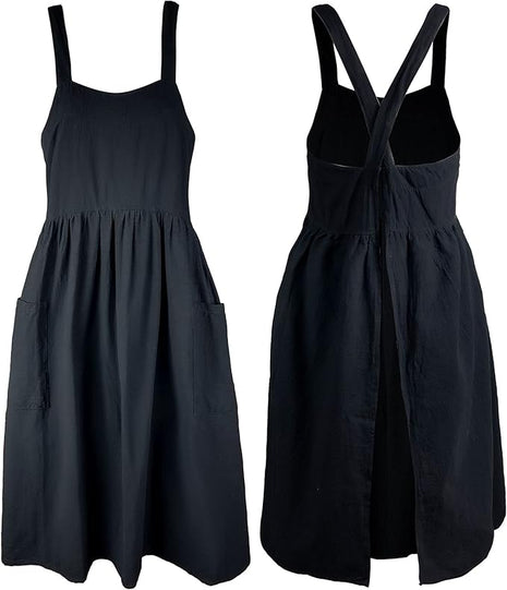 Uaussi Cotton Linen Apron Cross Back Work Apron for Women with Pockets Pinafore Dress X Cross Halter Apron for Chef Gardening