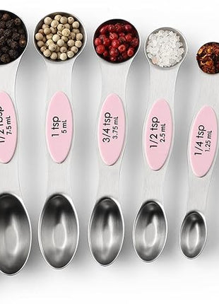 Spring Chef Stainless Steel Magnetic Measuring Spoons Set of 8 with Leveler, Dual Sided Teaspoon & Tablespoon Measuring Spoons with Strong Magnets, Kitchen Gadgets for Baking & Cooking - Pink Lemonade