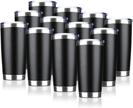 20oz Tumbler Bulk Stainless Steel Vacuum Insulated Tumblers with Lid Double Wall Travel Mug, Durable Powder Coated Coffee Cup, Suitable for Ice Drinks and Hot Beverage (Black 12pack)