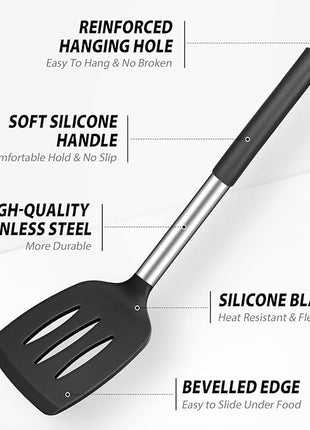 2 Pack Silicone Spatulas Turners, Stainless Steel Cooking Utensils BPA Free,Heat Resistant,Non Stick,Rubber Spatulas for Fish, Eggs, Pancakes, WOK, Black