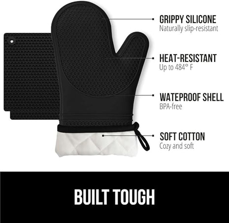GORILLA GRIP BPA-Free Soft Silicone Oven Mitts and Pot Holders Sets of 4, Heat Resistant Waterproof Cooking Gloves, Thick Cotton Lining, Flexible Gripping for Baking Grilling, Kitchen Trivets, Black