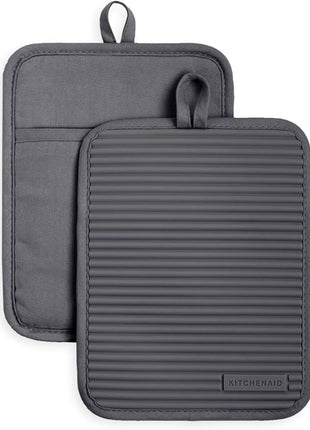 KitchenAid Ribbed Soft Silicone Pot Holder 2-Pack Set, Charcoal Grey, 7"x9"